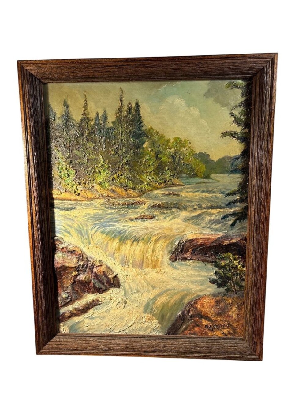 Original Oil On Canvas Landscape Painting Impasto Rustic Frame 20 x 15 Signed